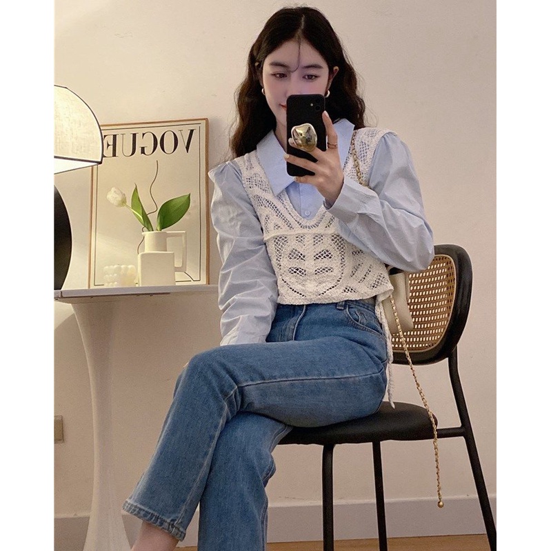 Set Áo Sơ Mi polo Tay Dài Dáng Rộng Màu Trơn Phối Áo Lưới Không Tay Thời Trang Hàn Quốc Cho Nữ