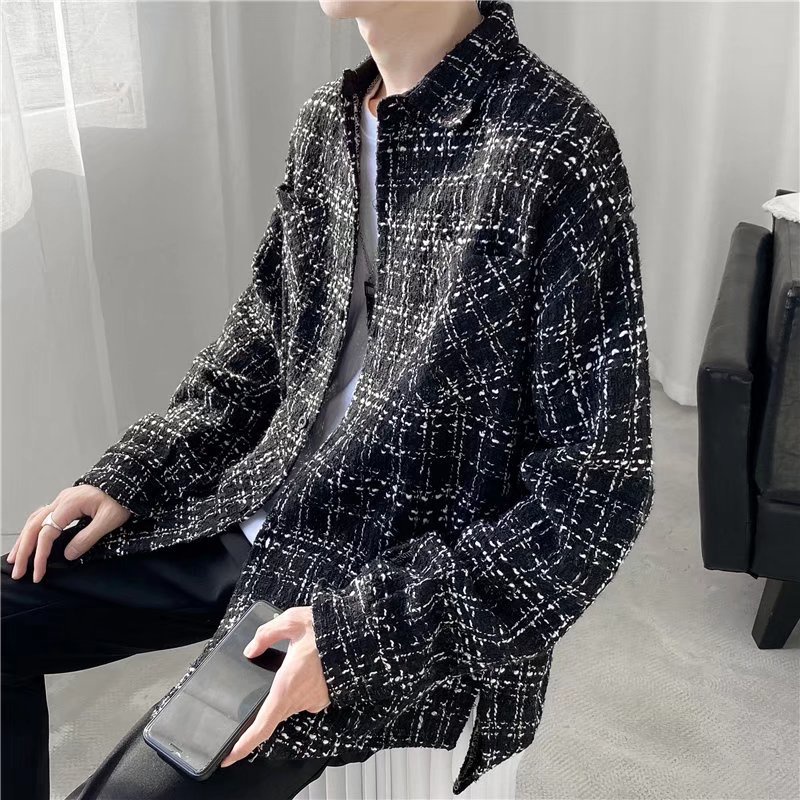 Áo Khoác Sơ Mi Len Mỏng Sọc Ca Rô Phong Cách harajuku Đường Phố Cá Tính Dành Cho Nam