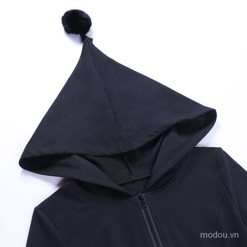 Áo hoodie thiết kế dáng đầm có khóa kéo màu đen trơn thời trang dành cho nữ