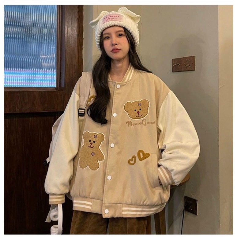 Áo khoác bóng chày bomber in gấu nổi 3D kaki da lộn 2 lớp unisex ulzzang nam nữ