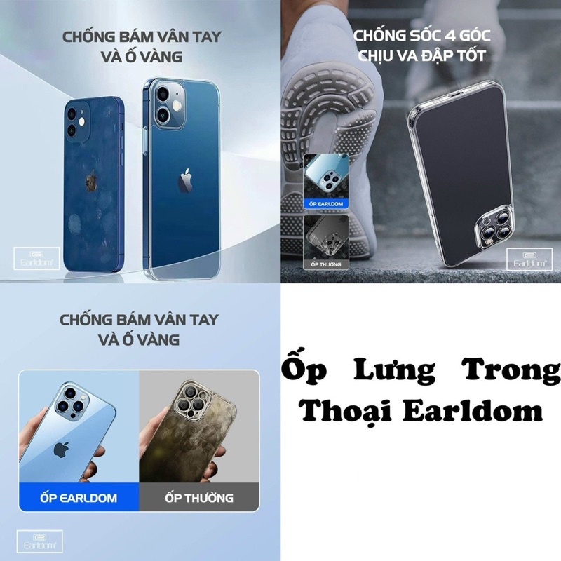 Ốp lưng điện thoại IP 7 8 Plus X Xs Max 11 12 13 14 Pro Max Chính Hãng Earldom Chống Sốc Chống Ố Vàng