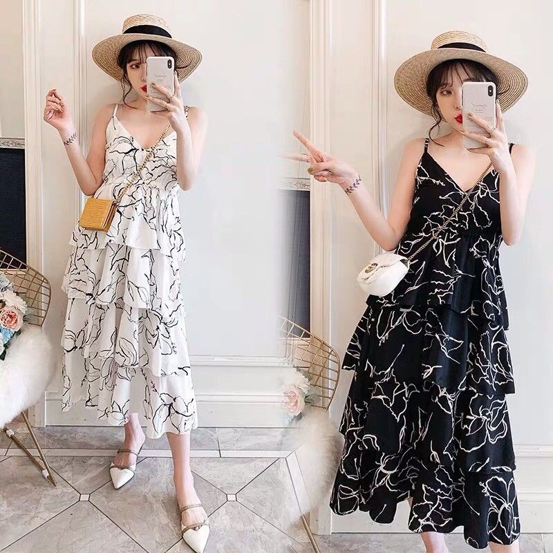 {Order bigsize,M-4xl}Váy hai dây đáp chéo vân hoa chân tầng xinh xắn - Hàng Quảng Châu