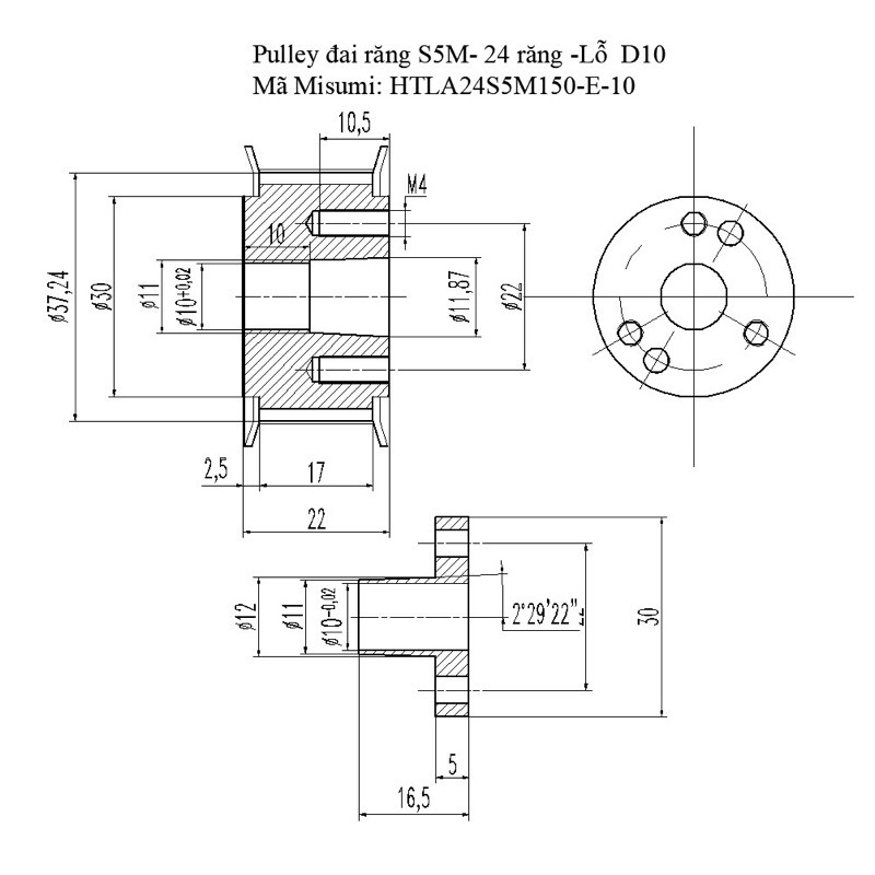 Pulley đai răng S5M số răng 24 bản đai 17mm