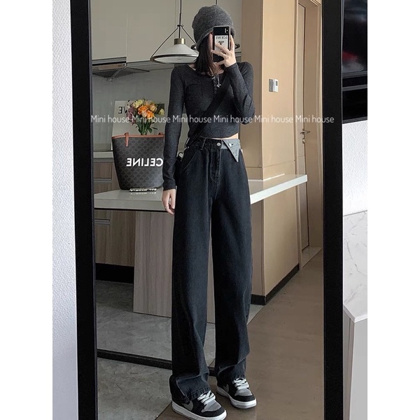 Quần jean màu xám ống rộng  thiết kế eo hình tam giác