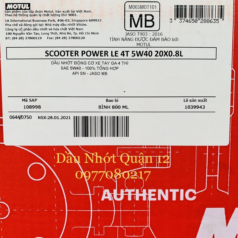 Combo Nhớt Xe Tay Ga Motul Scooter Power LE 5W-40 800ML + Tuýp Lap Motul Scooter Gear Plus 120ML