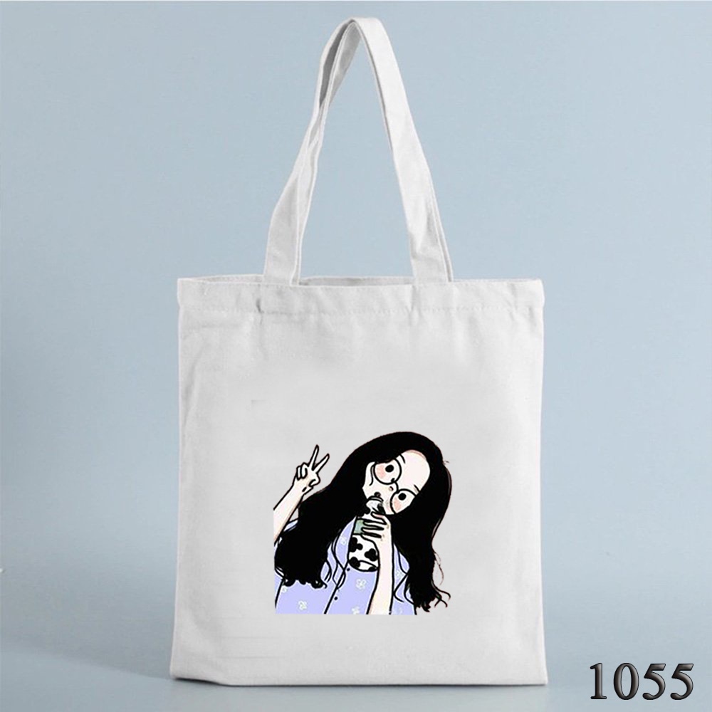 Túi Tote Túi Vải Canvas Mềm Có Khóa Miệng Phong Cách Hàn Quốc 1055 Họa Tiết Cô Bé Trà Sữa Dễ Thương