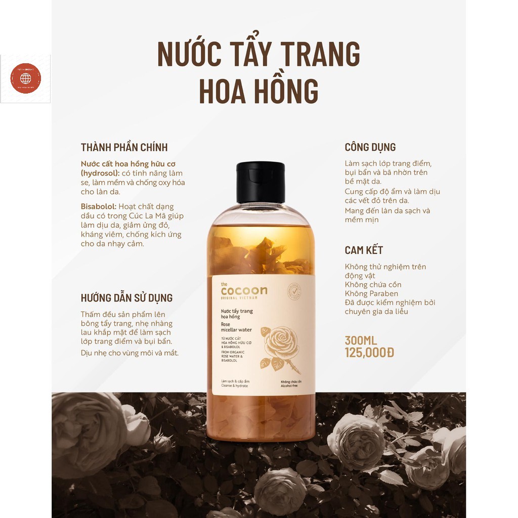 Nước tẩy trang hoa hồng Cocoon 500ml giúp làm sạch sâu lớp trang điểm, bụi bẩn, bã nhờn trên da, cấp ẩm. và làm dịu da