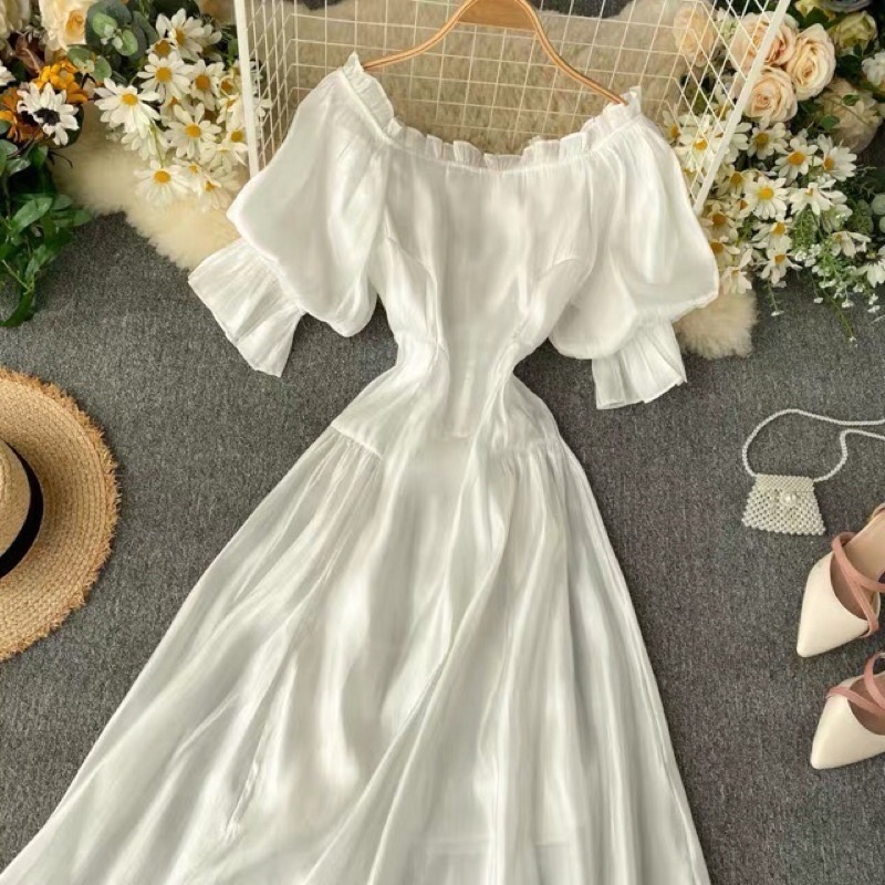 SẴN | Đầm trắng trễ vai hở lưng Vintage tiểu thư chất đẹp hàng Quảng châu