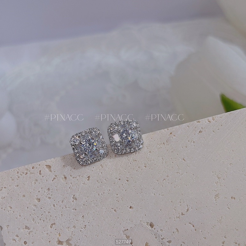 Bông tai, khuyên tai xi bạch kim đính đá vuông .PTNACC.