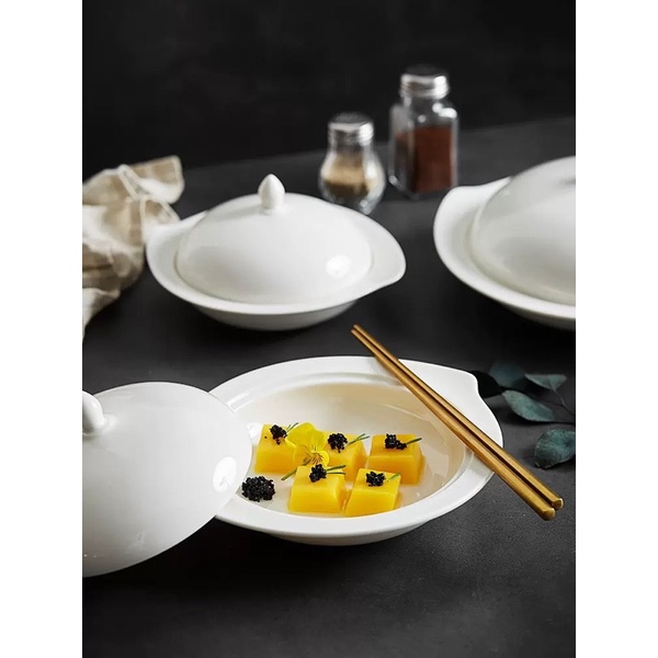 Set tô hầm kèm nắp đậy trắng sứ cao cấp cho nhà hàng, khách sạn kiểu Phương Tây