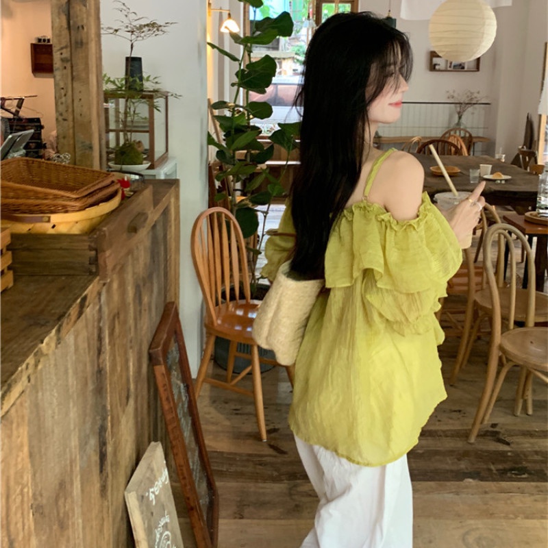 Áo Kiểu Trễ Vai Tay Ngắn Phối Bèo Thời Trang Mùa Hè Xinh Xắn Cho Nữ