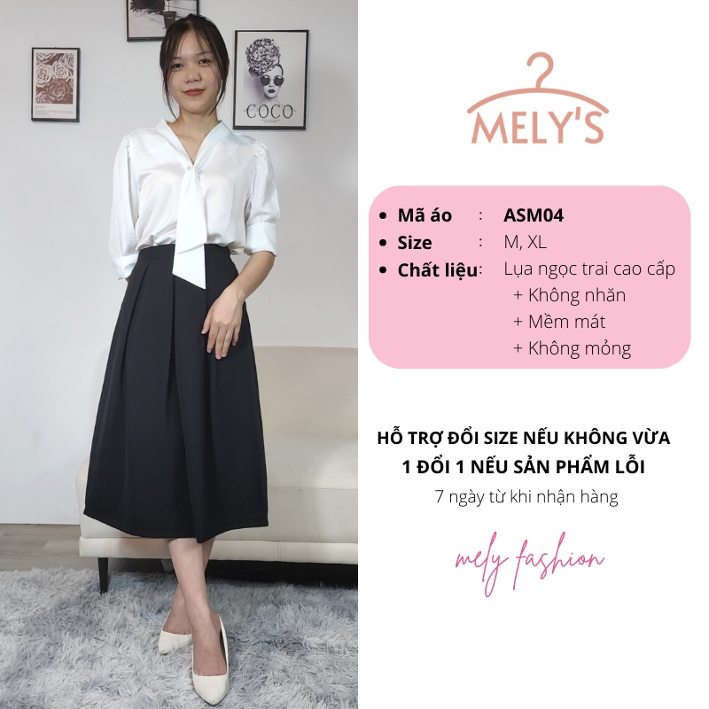 Áo sơ mi công sở nữ lụa trắng đẹp form rộng cổ V dây nơ gài ngọc kiểu sang trọng có BIGSIZE đi làm đi chơi đi học ASM04