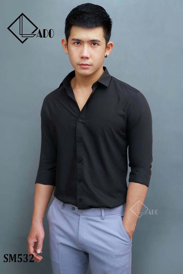 Áo sơ mi lụa trơn màu đen dài tay không nhăn LADO 532