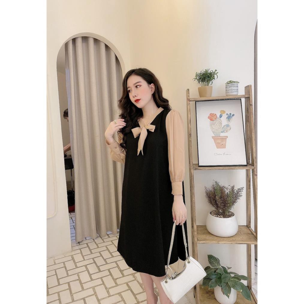 Mặc là đẹp váy suông dài tay thắt nơ cổ xinh xắn