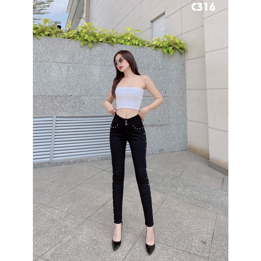 Quần jean nữ ôm đen đính hạt dọc sườn chất mềm co giãn C316