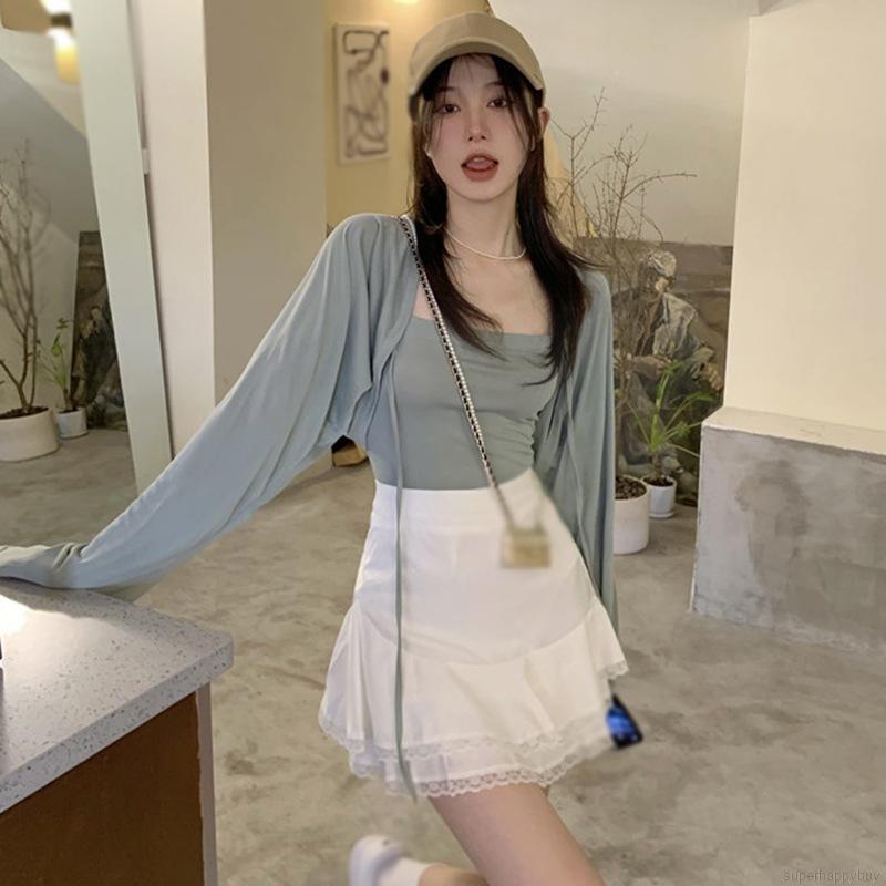 Set áo hai dây + áo khoác cardigan tay dài phong cách Hàn Quốc cho nữ