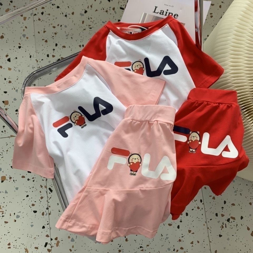 Fila Set Đồ 2 Món Gồm Áo Thun Tay Ngắn Cổ Tròn + Quần Short Vải Cotton Thời Trang Cho Bé 2-13 Tuổi