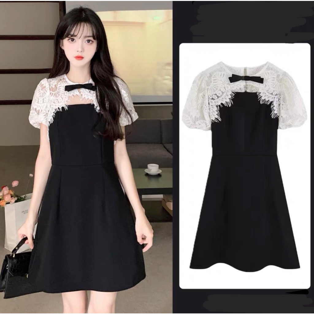 Đầm - Váy dáng chữ A phối ren cổ đính nơ tiểu thư