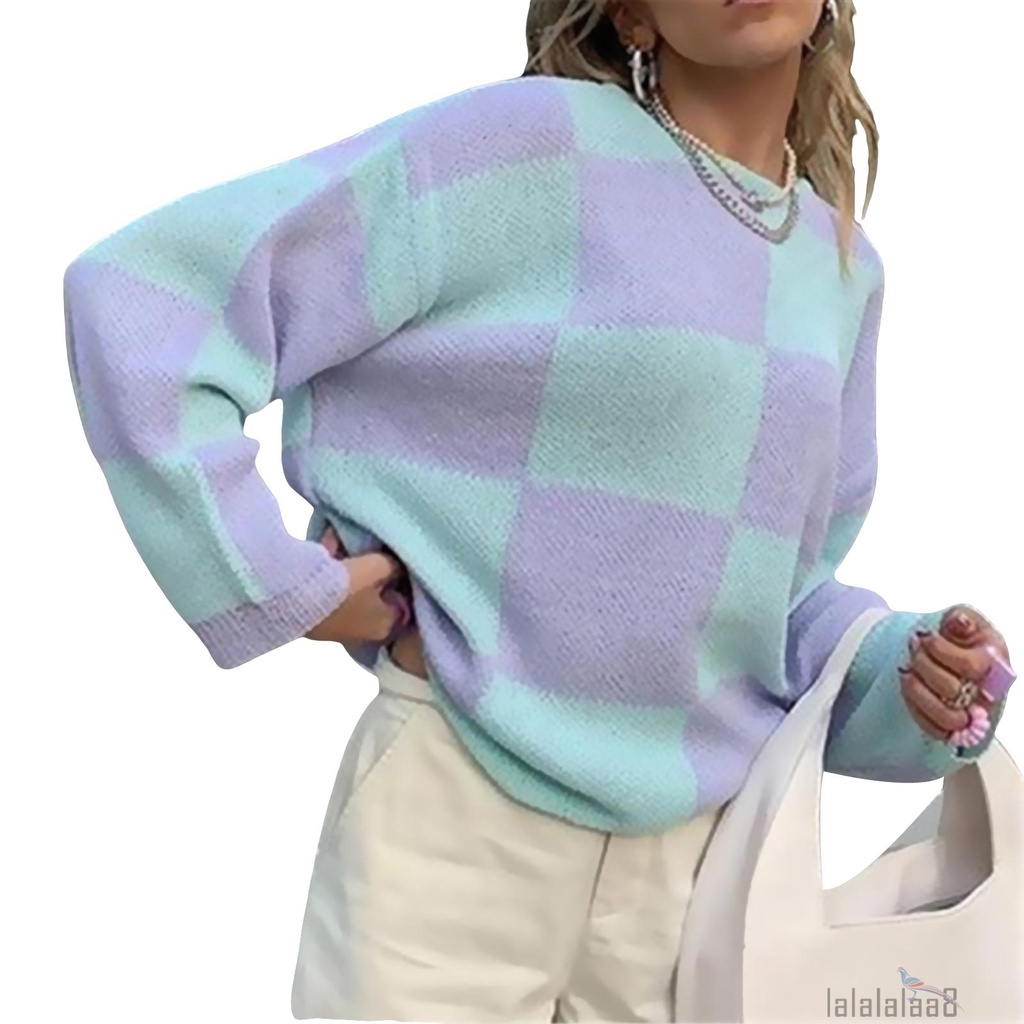 Áo sweater dệt kim tay dài cổ tròn dáng rộng thoáng khí họa tiết sọc caro thời trang thu đông dành cho nữ Laa8-Yh