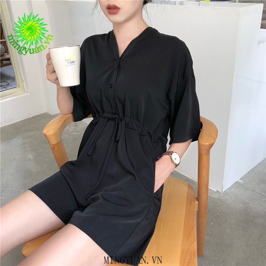 ( Mingyuan ) New retro black casual jumpsuit women loose V-neck short jumpsuit