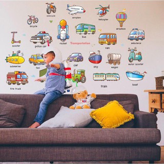 decal dán tường mẫu phương tiện giao thông kèm tiếng anh cho bé học hỏi