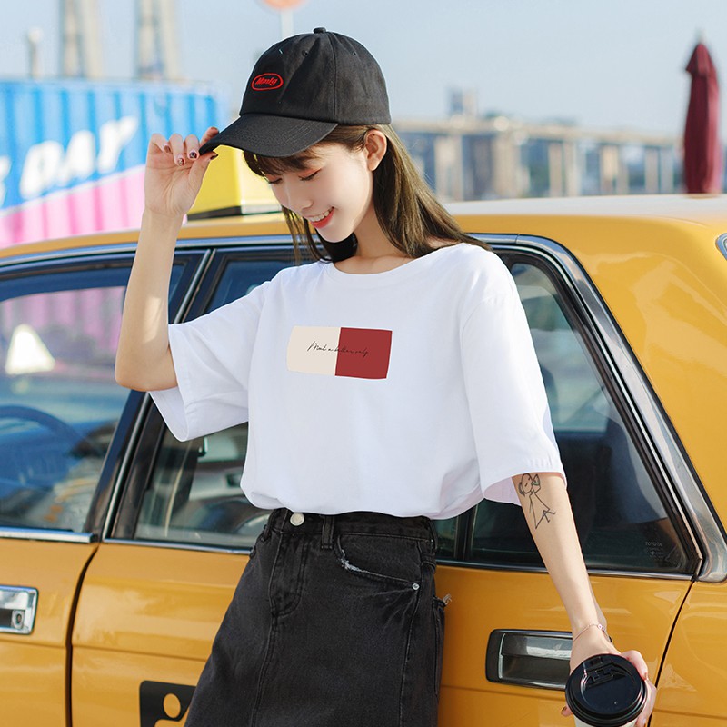 Super fire ins white round neck square printing short-sleeved T-shirt women summer new style pure cotton lazy half-sleeved women's clothing