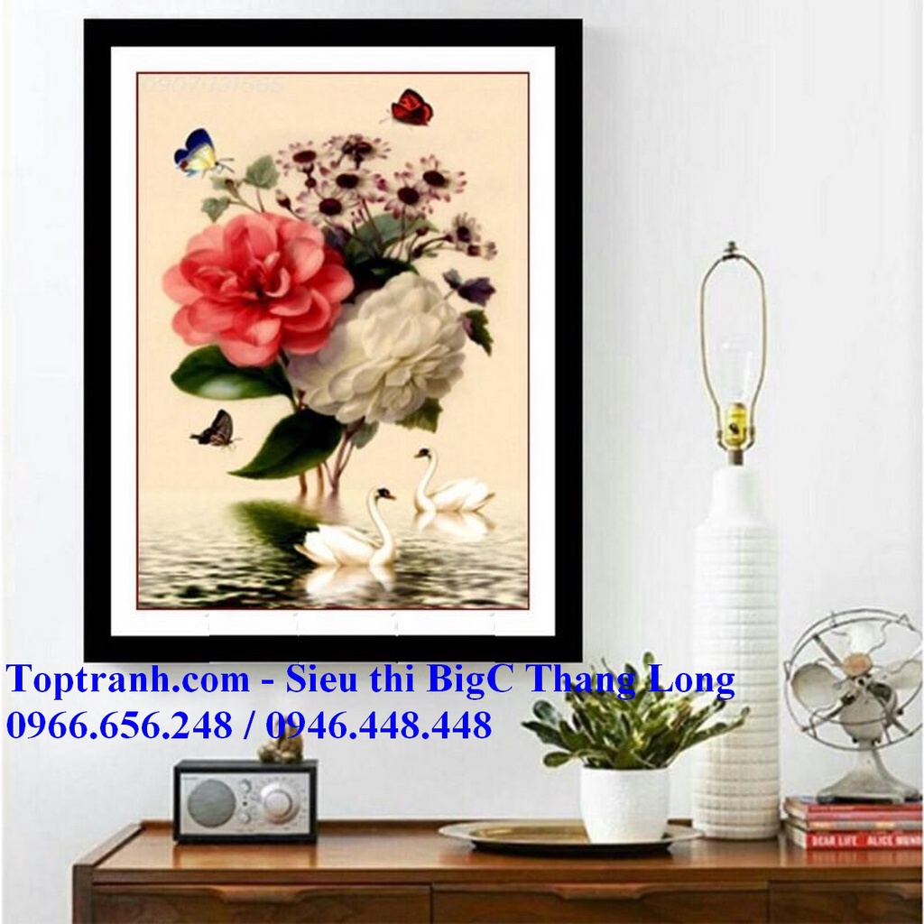 Tranh thêu chữ thập An nhiên hạnh phúc, hoa hồng và thiên nga LV3074 chưa thêu