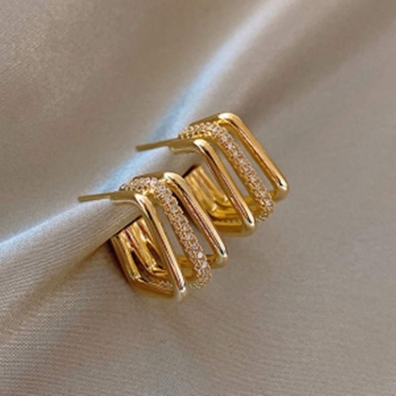 Bông tai mạ bạc 925 hình học đính đá phong cách Hàn Quốc thời trang cao cấp cho nữ