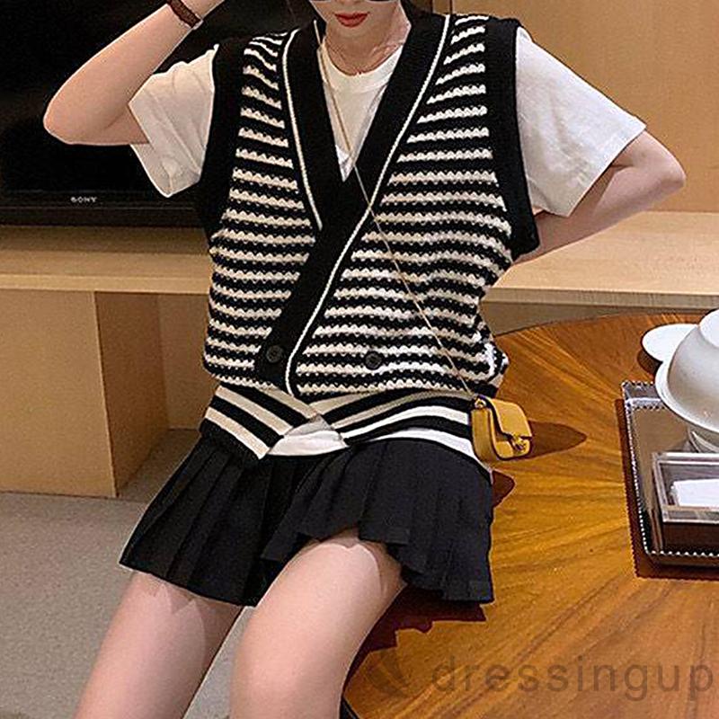 Áo dệt kim không tay cổ chữ V họa tiết kẻ sọc màu sắc thời trang mùa thu cho nữ | BigBuy360 - bigbuy360.vn