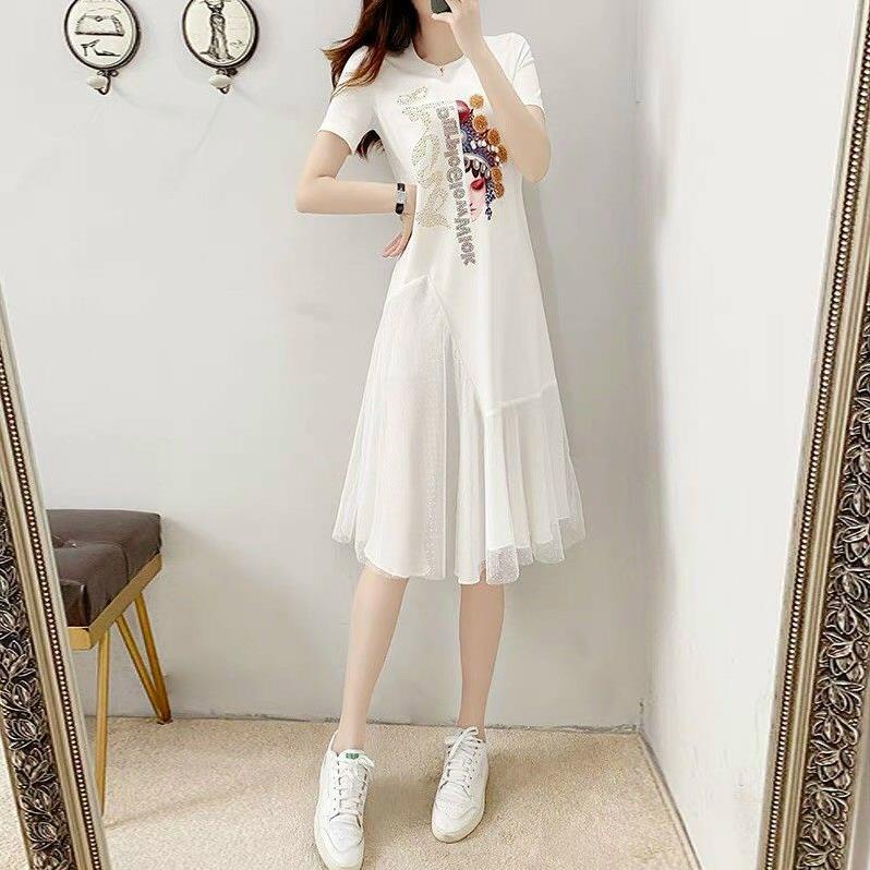 Hàng nhập - Đầm dáng suông cổ tròn in hoa văn ngực, váy xuông phối chân voan cực xinh YAN