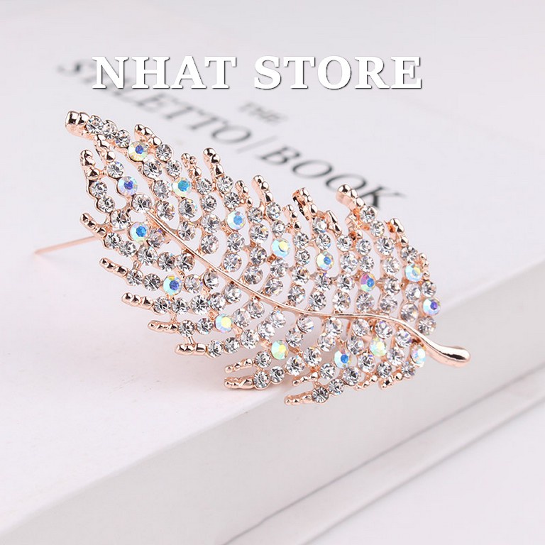 Cài áo nam nữ Nhat Store, ghim cài áo hình lá đính đá cỡ 3.5x6.9cm (Brooches &amp; Pins Nhat Store Accessories)