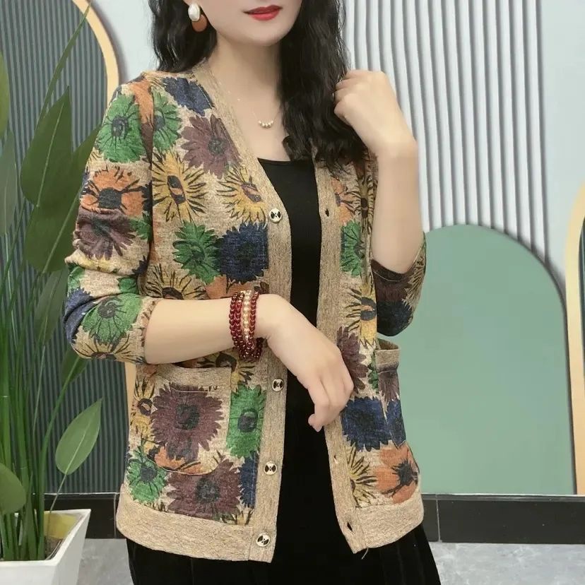 Áo Khoác Cardigan Dệt Kim Tay Dài Dáng Rộng Thời Trang Cho Phụ Nữ Trung Niên