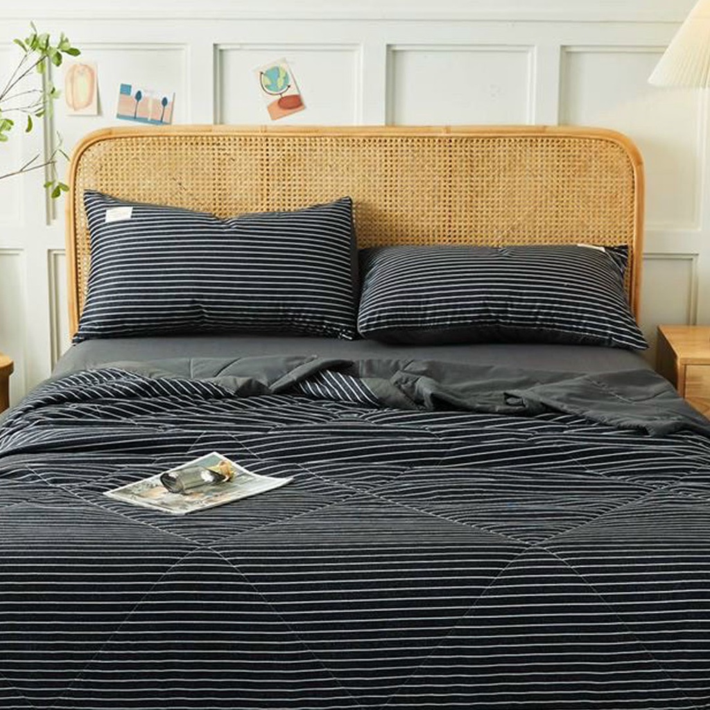 Bộ chăn ga gối cotton tici chăn trần EMMI Bedding mẫu KẺ ĐEN  grap nệm thun lạnh Hàn Quốc Drap giường đệm đủ siz