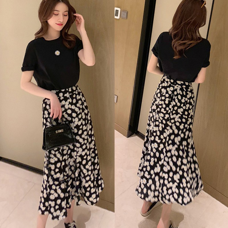 Set Áo Thun Tay Ngắn &amp; Váy Dài In Hoa Cúc Cho Nữ