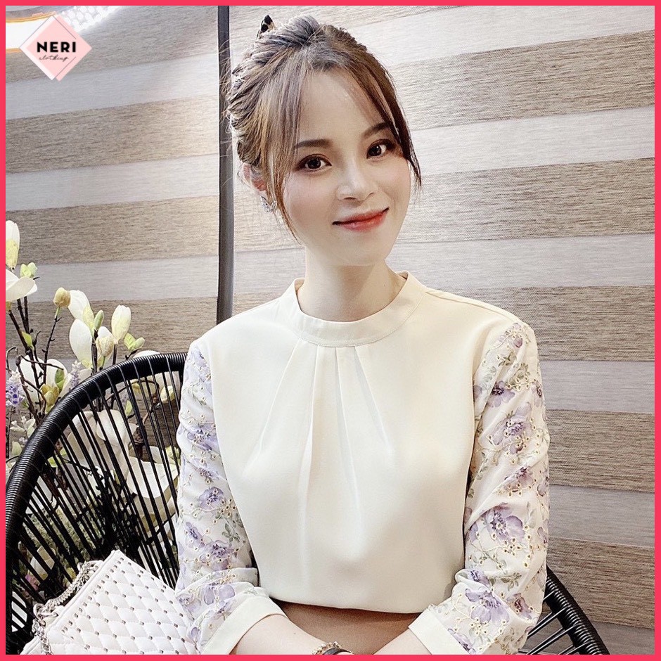 Áo công sở nữ G128 chất mát mịn mầu be nữ tính, thanh lịch, áo kiểu nữ công sở cổ trụ vải đẹp chất mát
