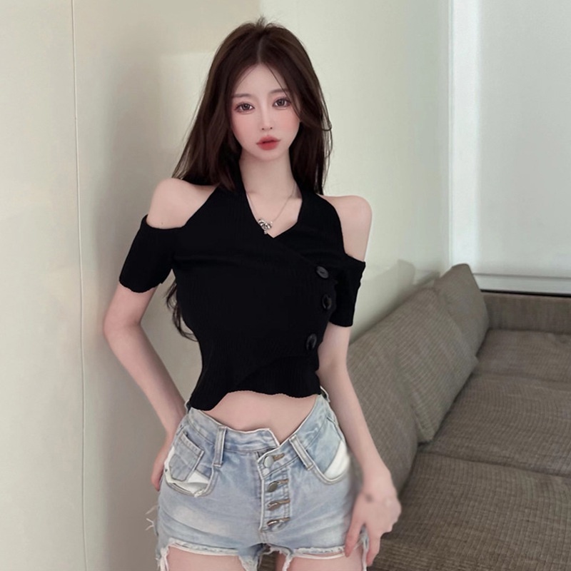 Áo Croptop Dệt Kim Tay Ngắn Dáng Ôm Thời Trang Quyến Rũ Cho Nữ