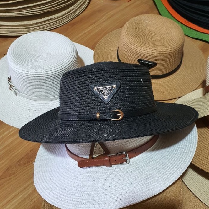 Mũ cói đi biển vành nhỏ cao cấp đai da tag PRAD A SIÊU SANG CHẢNH