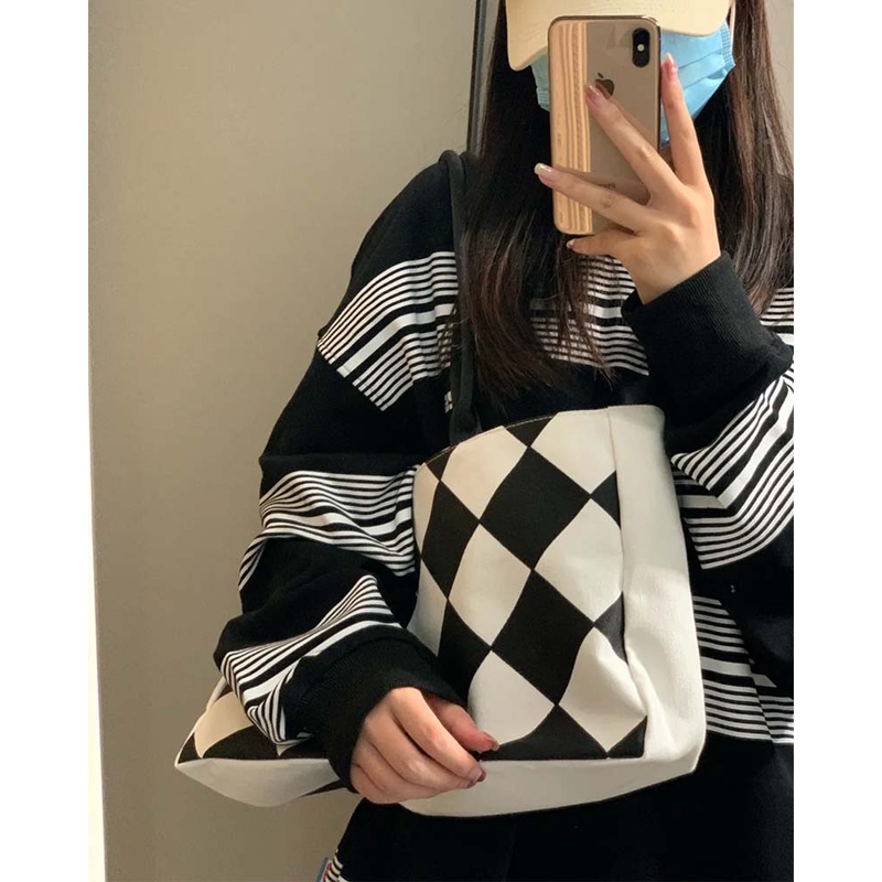 Túi xách canvas sức chứa lớn họa tiết ca rô kim cương phong cách Hàn Quốc hàng mới dành cho nữ