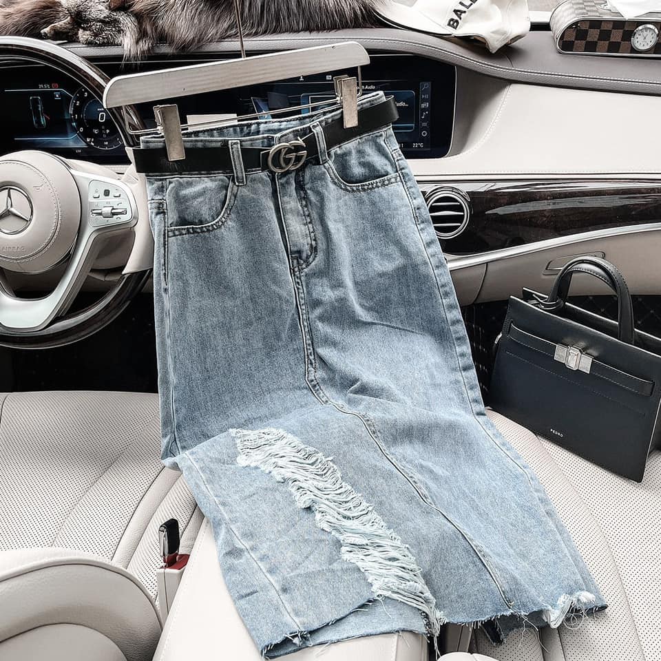 Chân váy jean nữ rách dáng dài