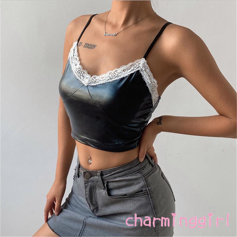 Áo Hai Dây Cổ Chữ V Màu Trơn Phối Ren Quyến Rũ Cho Nữ