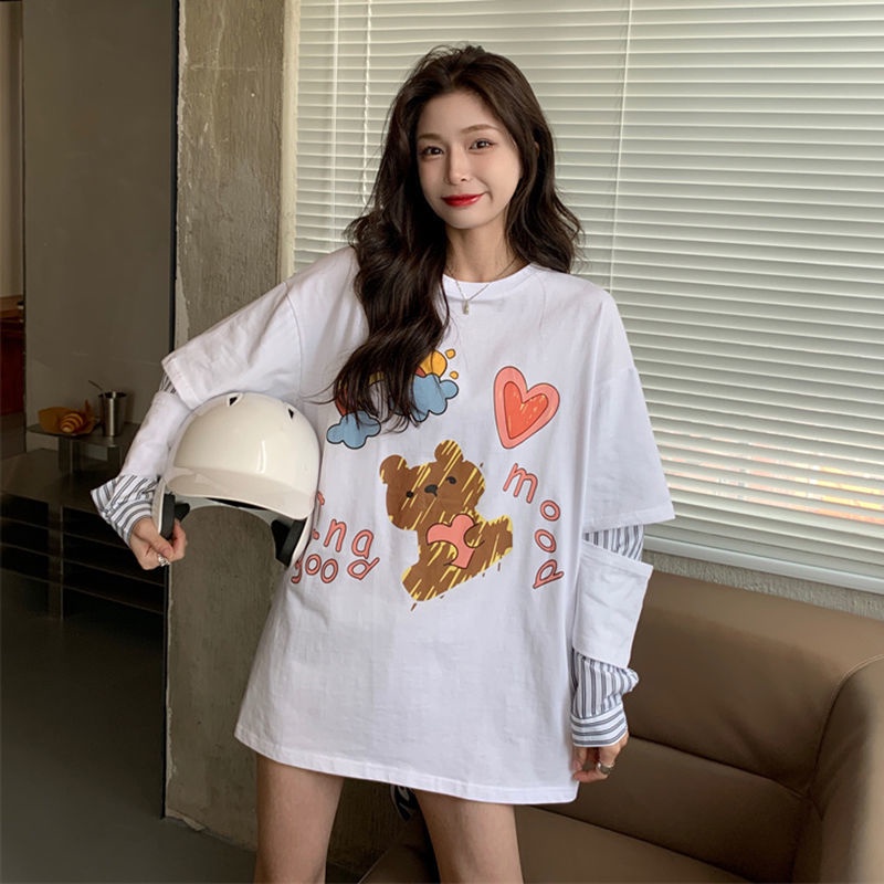 Áo thun tay dài giả hai lớp dáng rộng họa tiết kẻ sọc phong cách Hàn Quốc thời trang mới cho nữ