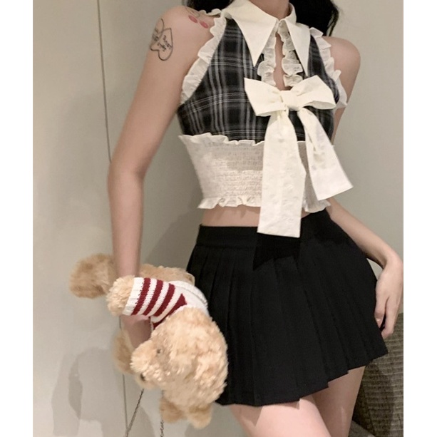 Set Áo Và Chân Váy Ngắn Xếp Ly Phong Cách Retro Thời Trang