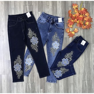 Quần jean nữ lỡ 9 tấc hàng thêu hoa co giãn 2 nút lưng cao