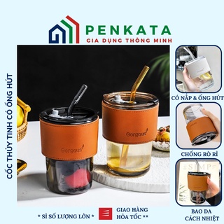 Ly thủy tinh, cốc uống nước bằng thủy tinh có nắp, ống hút kèm bao da