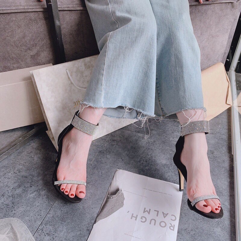 [Bán giá gốc] Giày sandal cao gót quai mảnh đá da lộn cổ đá bản to gót nhọn 8p chảnh đẹp