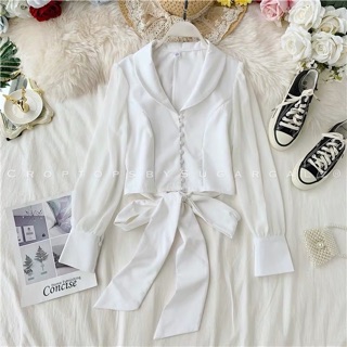 [HÀNGÁo croptop sơ mi thắt nơ lưng mở khuy cúc chất lụa - by SugarG