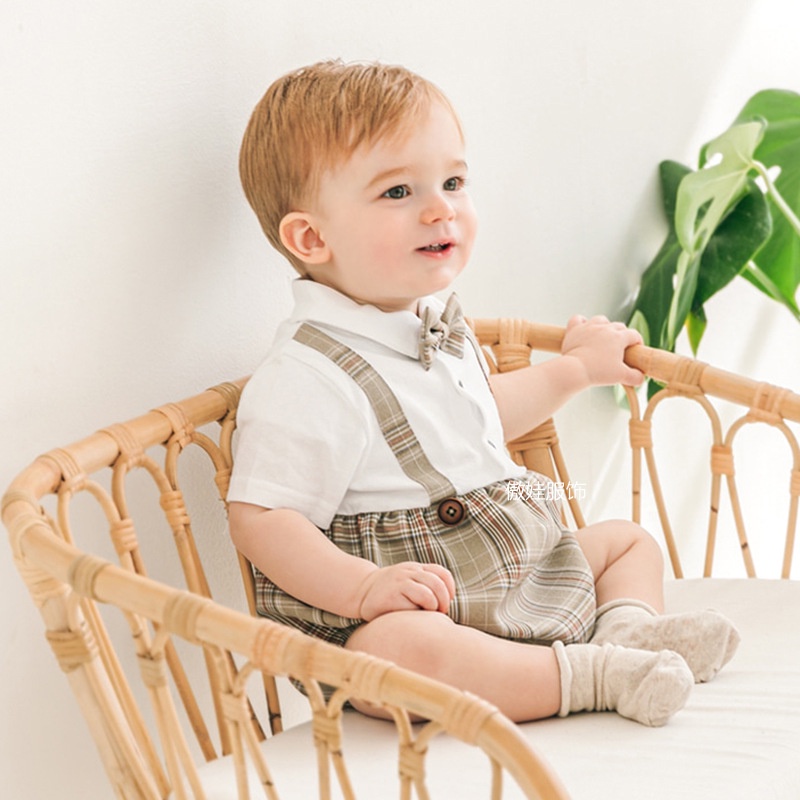 Bộ Body Chip ngắn tay cho bé đi dự tiệc, áo liền quần Ngắn Tay Cho Bé Trai thiết kế sơ mi trắng quần kẻ công tử Cuabebe