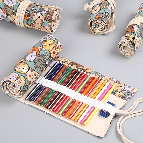 Túi Đựng Bút Bằng Vải Bạt Cotton Nguyên Chất Cỡ Lớn In Hình Mèo Hoạt Hình Đáng Yêu Có 12 24 36 48