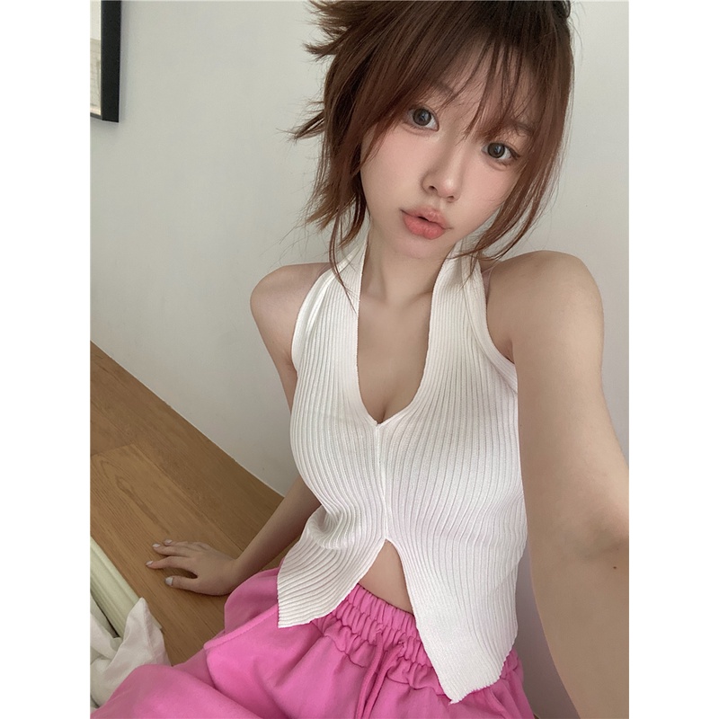 Áo Dệt Kim Cổ Yếm Dáng Ngắn Thời Trang Hàn Quốc Quyến Rũ Cho Nữ