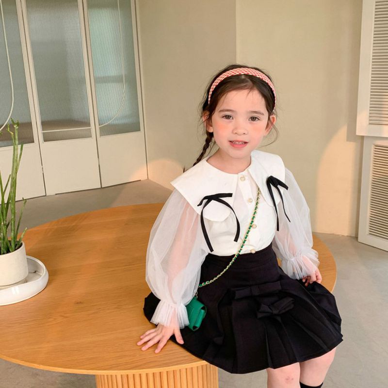 Áo Sơ Mi Trắng Cổ Búp Bê Đính Nơ Xinh Xắn Cho Bé Gái